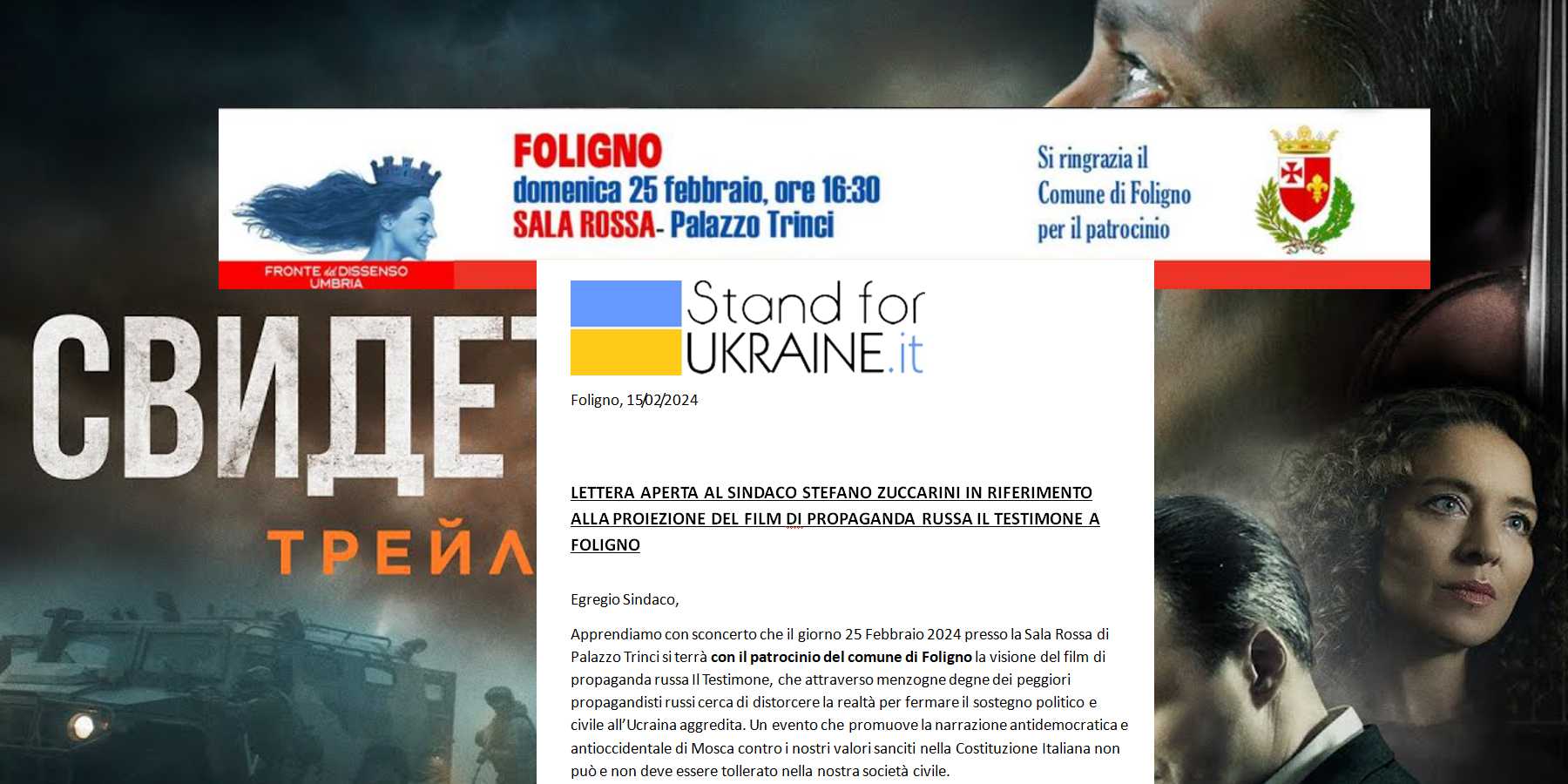 Open letter to the mayor of Foligno regarding the municipality's patronage  for the screening of the Russian film The Witness - Stand For Ukraine - For  Ukraine until victory